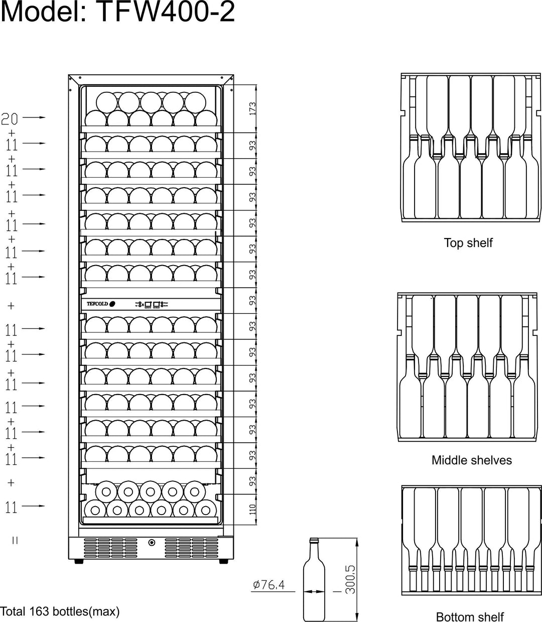 Vinkøleskab - Tefcold TFW400-2F - 5 til 18°C - 163 flasker - 40 dB - 0,48 kW/24 timer