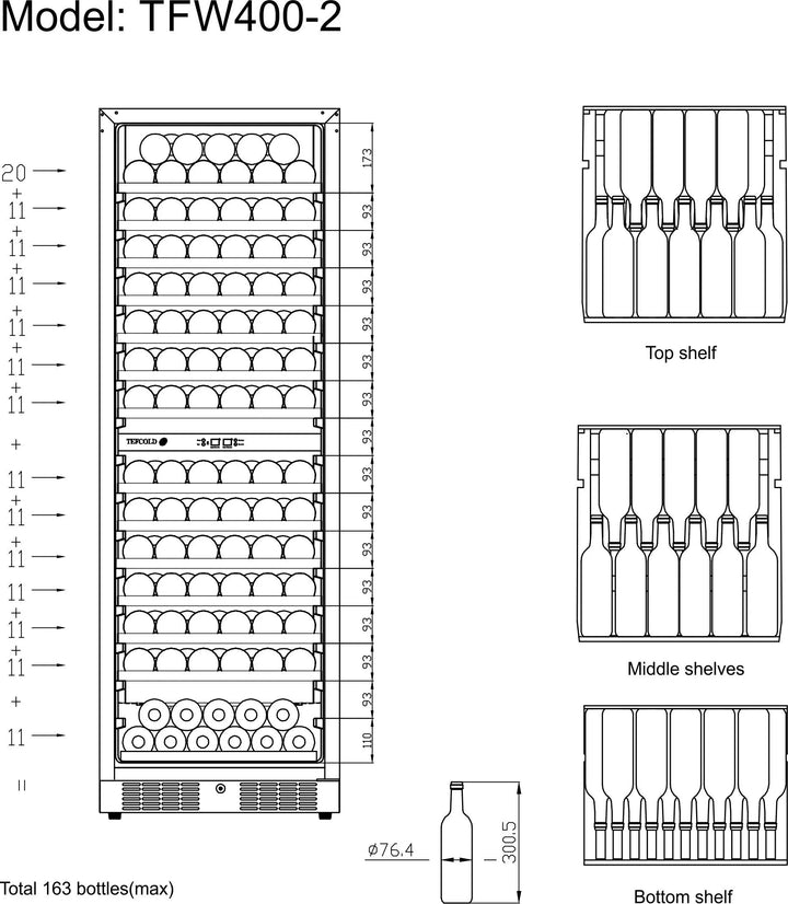 Vinkøleskab - Tefcold TFW400-2F - 5 til 18°C - 163 flasker - 40 dB - 0,48 kW/24 timer