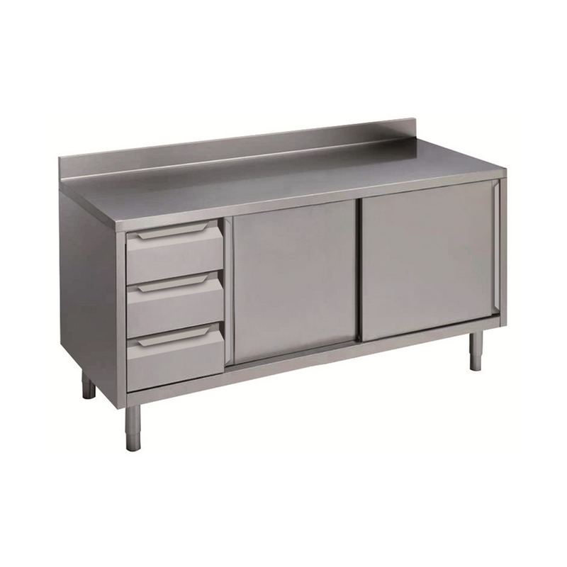 Zanussi arbejdsbord med skydelåger, bagkant og tre skuffer i venstre side - 160 cm