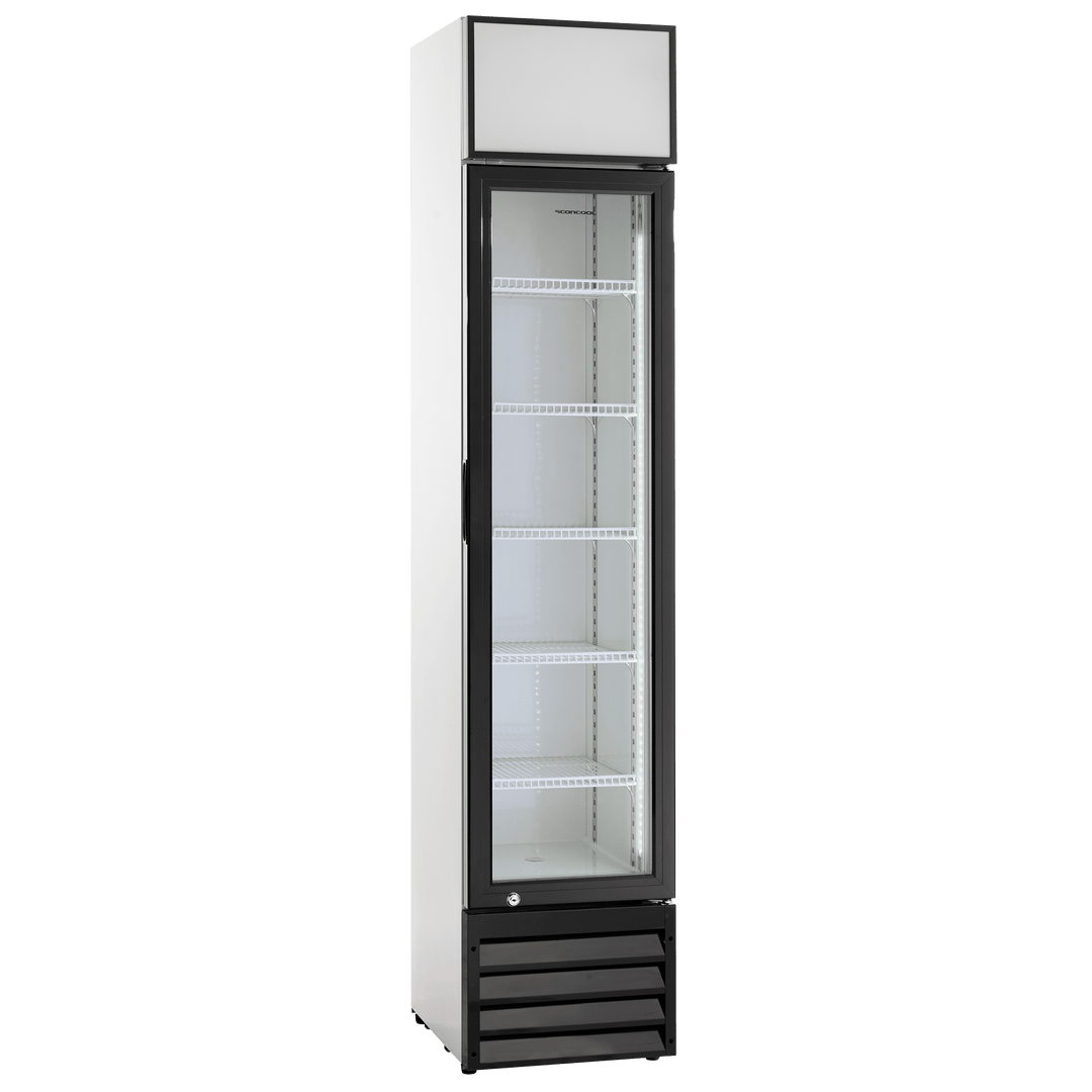 Smalt display køleskab med lystop - Scancool SD 217 E - 133 liter - 50 dB - 1,57 Kw/24 timer - 39 cm bred
