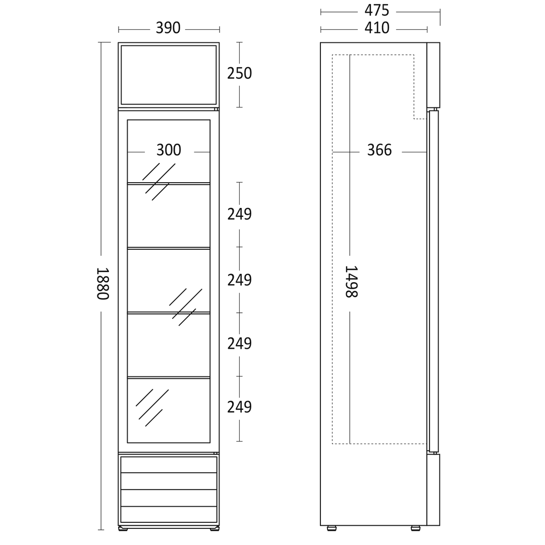 Smalt display køleskab med lystop - Scancool SD 217 E - 133 liter - 50 dB - 1,57 Kw/24 timer - 39 cm bred