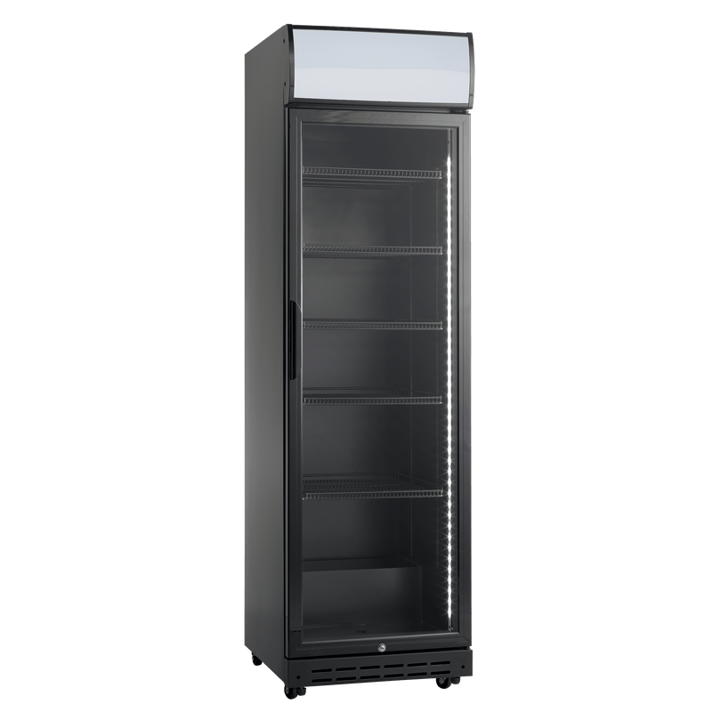 Sort køleskab med glasdør - Scancool SD 420 BE - 360 liter - 50 dB - 1,75 Kw/24 timer (PÅ LAGER I DEC)