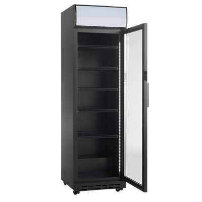 Sort køleskab med glasdør - Scancool SD 420 BE - 360 liter - 50 dB - 1,75 Kw/24 timer (PÅ LAGER I DEC)
