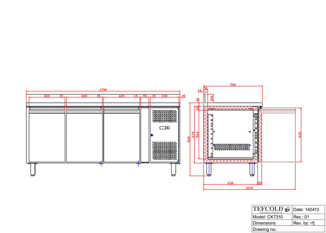 Kølebord med skuffer - Tefcold CK7360 - 402 liter - 2,45 kw/24 timer - 179,5 cm bred