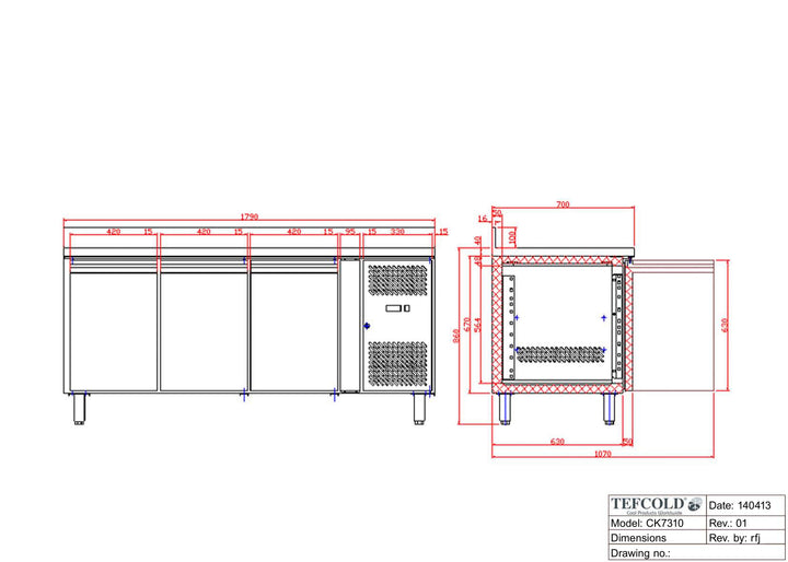 Kølebord med skuffer - Tefcold CK7360 - 402 liter - 2,45 kw/24 timer - 179,5 cm bred