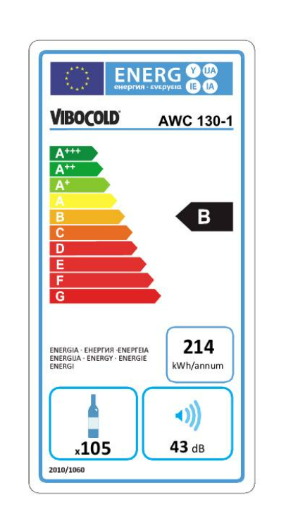 Vinkøleskab - Vibocold AWC 130 - 5 til 20°C - Ventileret - 105 flasker - 43 dB - 0,39 kW/24 timer