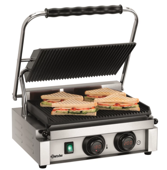 Medium klemgrill m. timer - Bartscher MDI 1R - Rillet - 2,2 kW - 34 x 22 cm plade