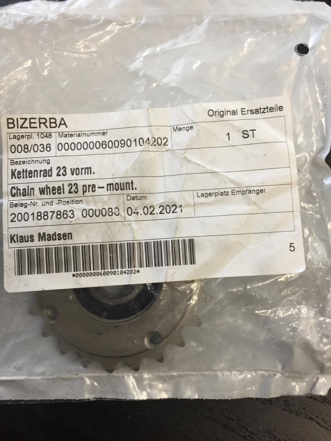 Spare parts for Bizerba BS38 consisting of spacers, sprocket 23 pre-mount and belt 8.6 x 8 x 5 52GL
