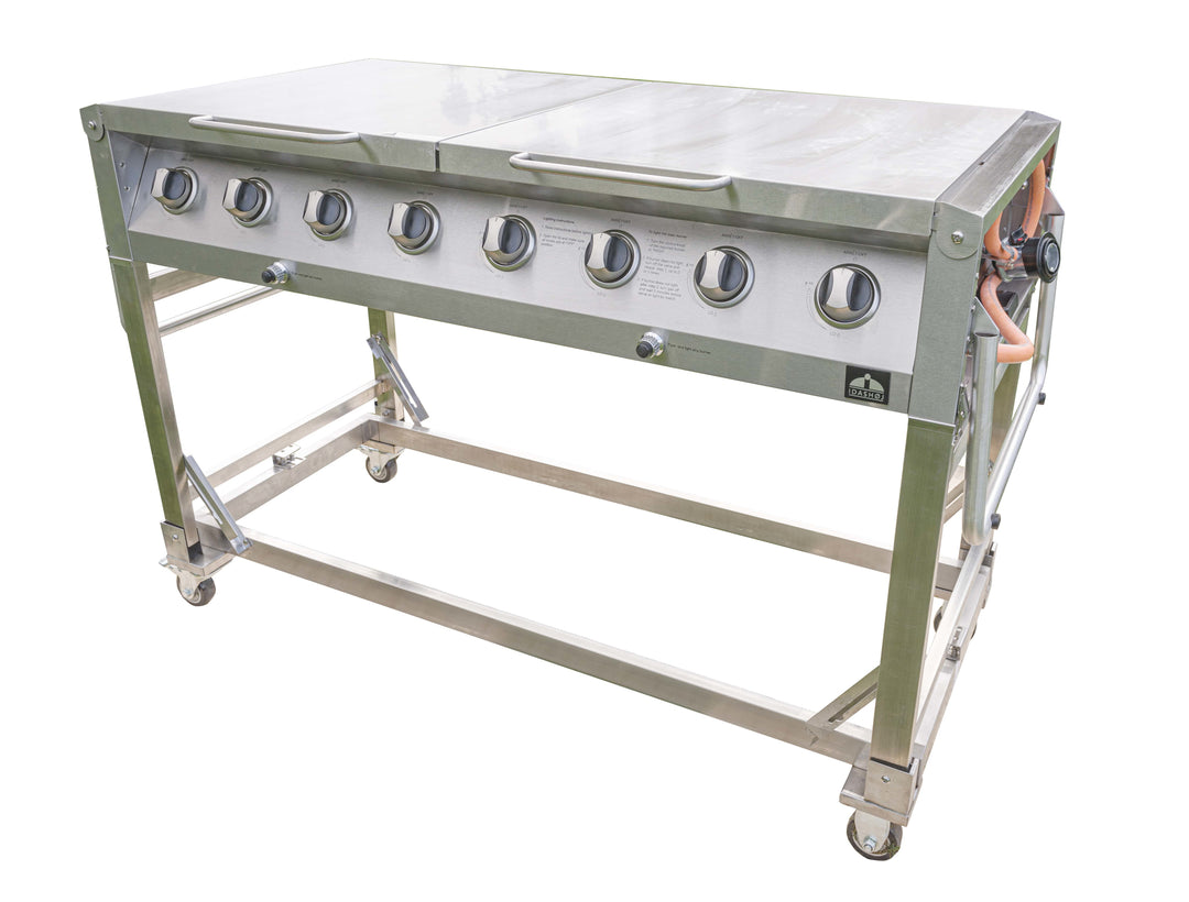 Gas grill for outdoor use with 8 burners (Wheels and handle must be fitted)