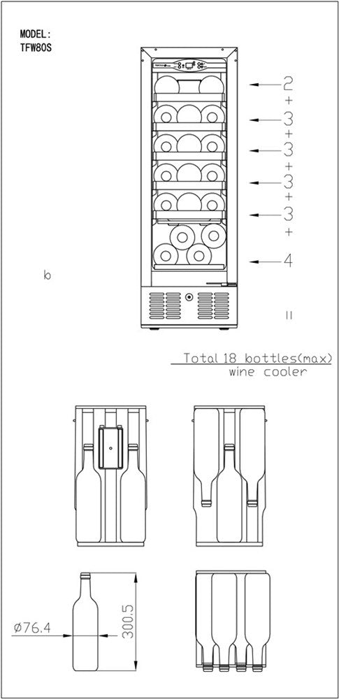 Smalt vinkøleskab - TW100-S - 5 til 18°C - Ventileret - 19 flasker - 40 dB - 0,27 kW/24 timer - 29,5 cm bred