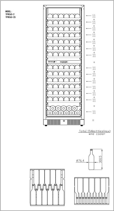 Vinkøleskab - TW400-2S -  5 til 18°C - Ventileret - 163 flasker - 40 dB - 0,48 kW/24 timer