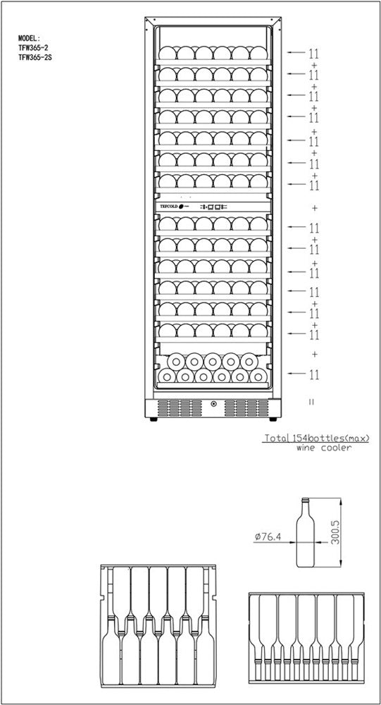 Vinkøleskab - TW400-2S -  5 til 18°C - Ventileret - 163 flasker - 40 dB - 0,48 kW/24 timer