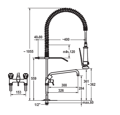 Faucet with spray from KWC 716127.504, Approved for drinking water, (two-hole table mounting)