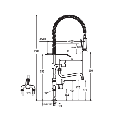 Faucet with spray from KWC, Approved for drinking water, (two-hole table mounting)